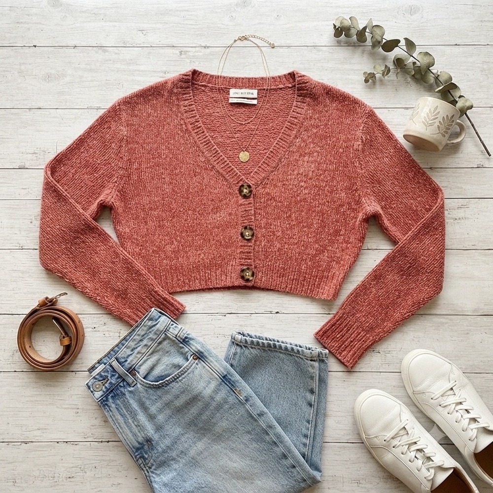 Urban Outfitters Rust Orange Chenille Cropped Cardigan Sweater V-Neck Small